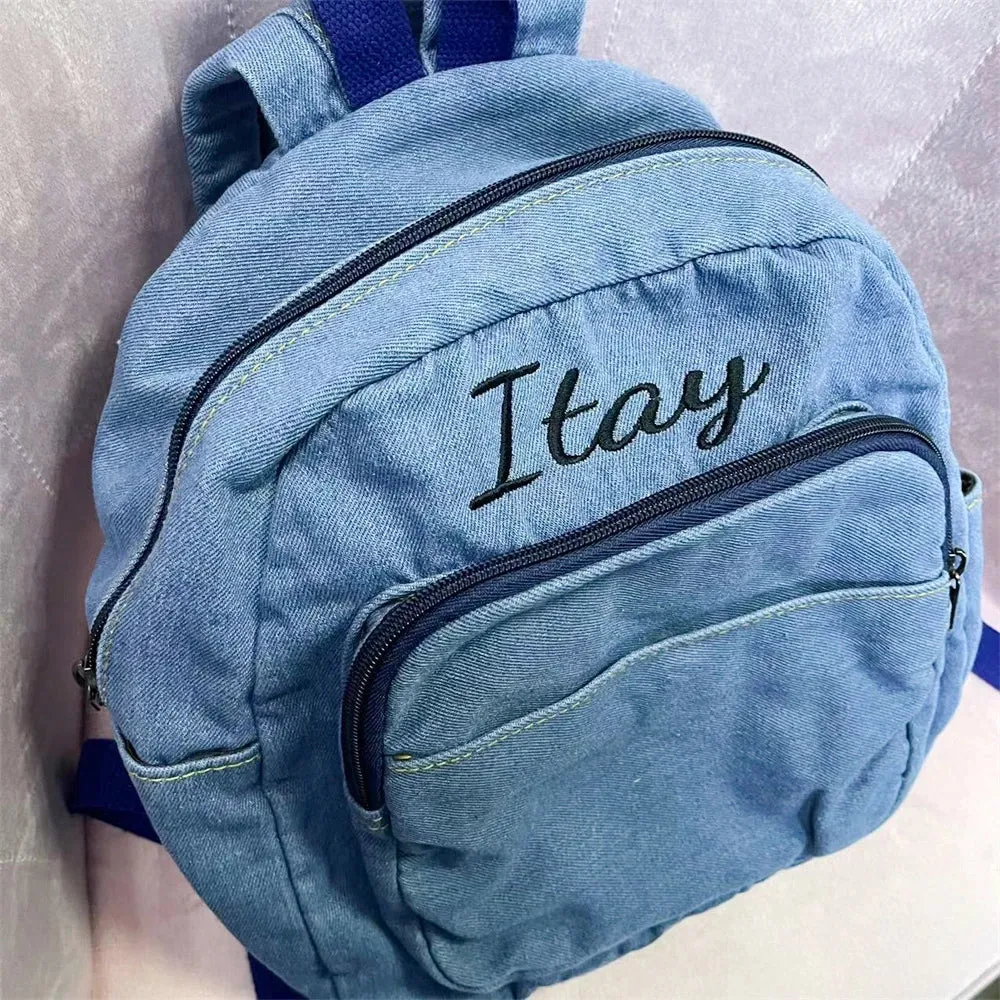 Kawaii Custom Mini Denim Backpack 🎀✨ | Personalized Embroidery Name 💖 | Stylish Gift for Trendy Young Ladies 🎉🎒