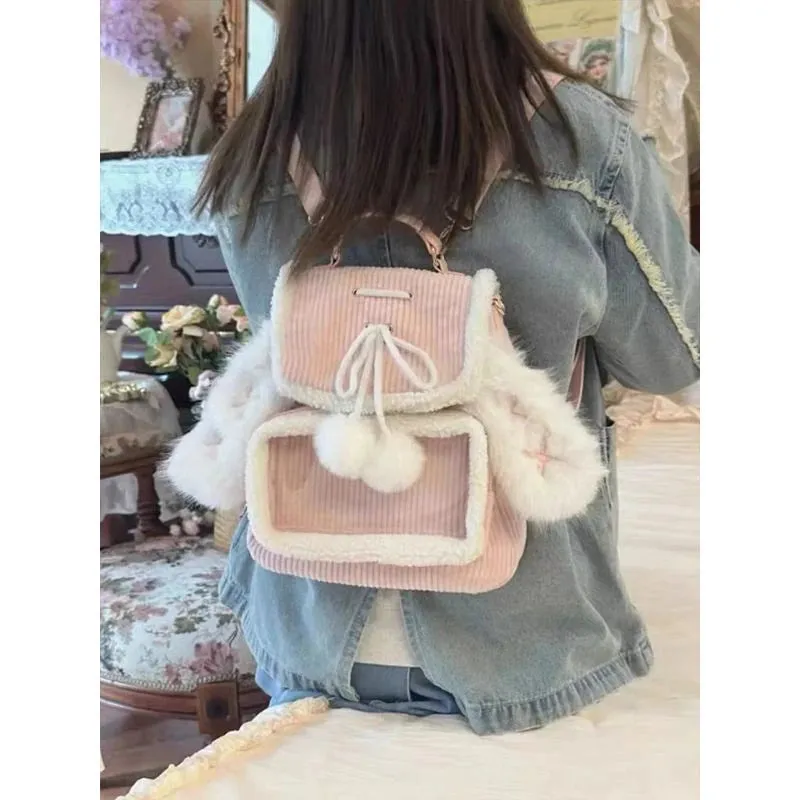 Kawaii Pink Bunny Ear Backpack 🐰✨ Cute Corduroy Ita Bag for Women – Adorable Plush Aesthetic! 🌸🎒