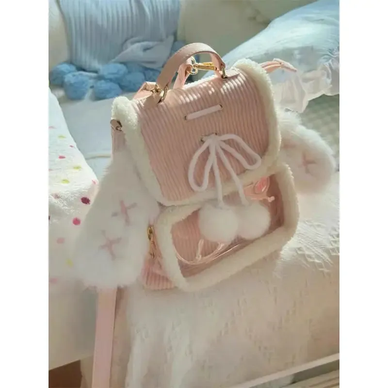 Kawaii Pink Bunny Ear Backpack 🐰✨ Cute Corduroy Ita Bag for Women – Adorable Plush Aesthetic! 🌸🎒