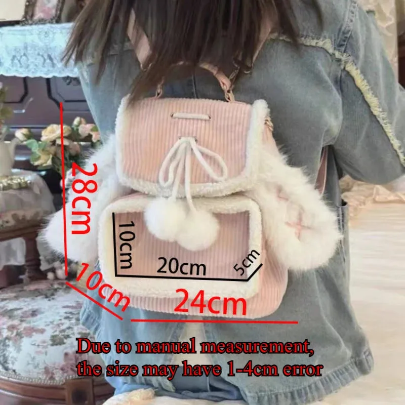 Kawaii Pink Bunny Ear Backpack 🐰✨ Cute Corduroy Ita Bag for Women – Adorable Plush Aesthetic! 🌸🎒