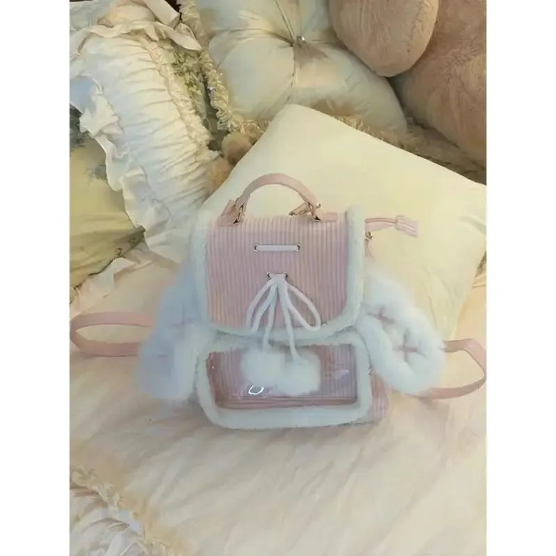 Kawaii Pink Bunny Ear Backpack 🐰✨ Cute Corduroy Ita Bag for Women – Adorable Plush Aesthetic! 🌸🎒
