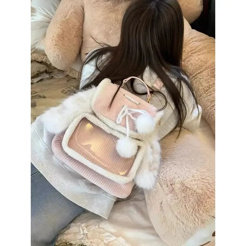 Kawaii Pink Bunny Ear Backpack 🐰✨ Cute Corduroy Ita Bag for Women – Adorable Plush Aesthetic! 🌸🎒