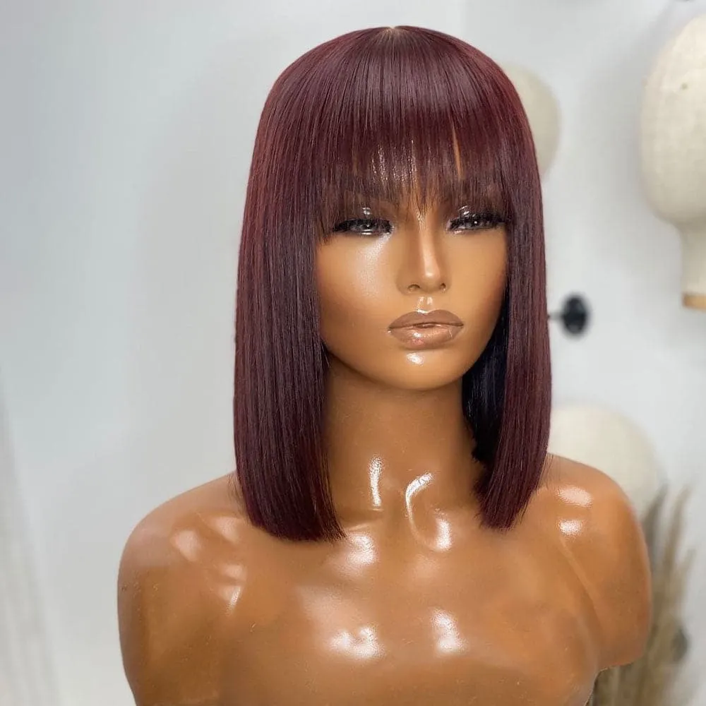 Kim #99J Burgundy Bang Wig Straight 5x5 Lace Closure Bob Wigs