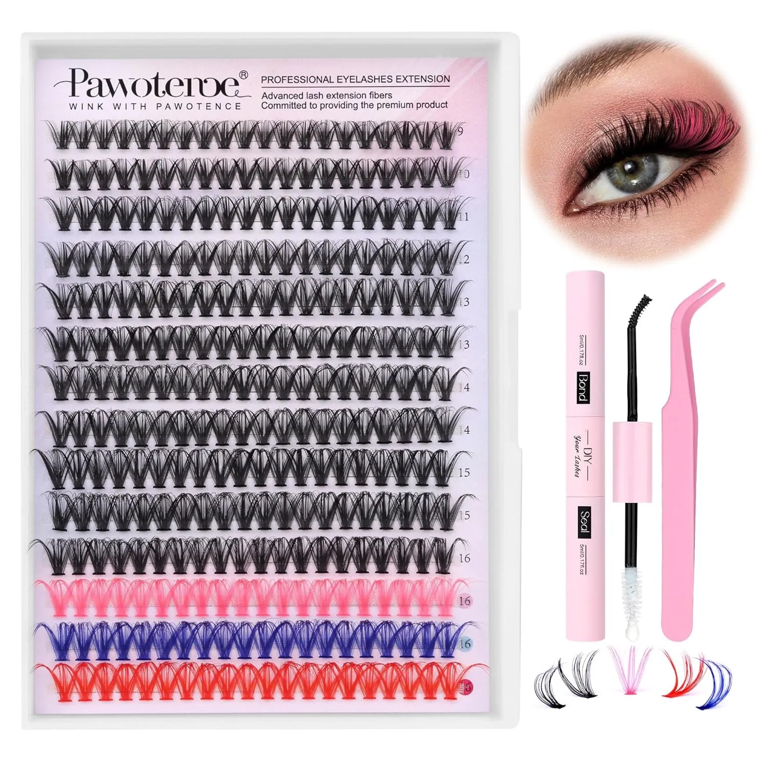 Lash Extension Kit DIY 280Pcs Lash Clusters Eyelash Extension Kit, 9-16Mm 30D 40D Individual Lashes Kit with Lash Bond and Seal, Lash Tweezers for Self Use (30D&40D, 0.07D, 9-16Mm, Kit)