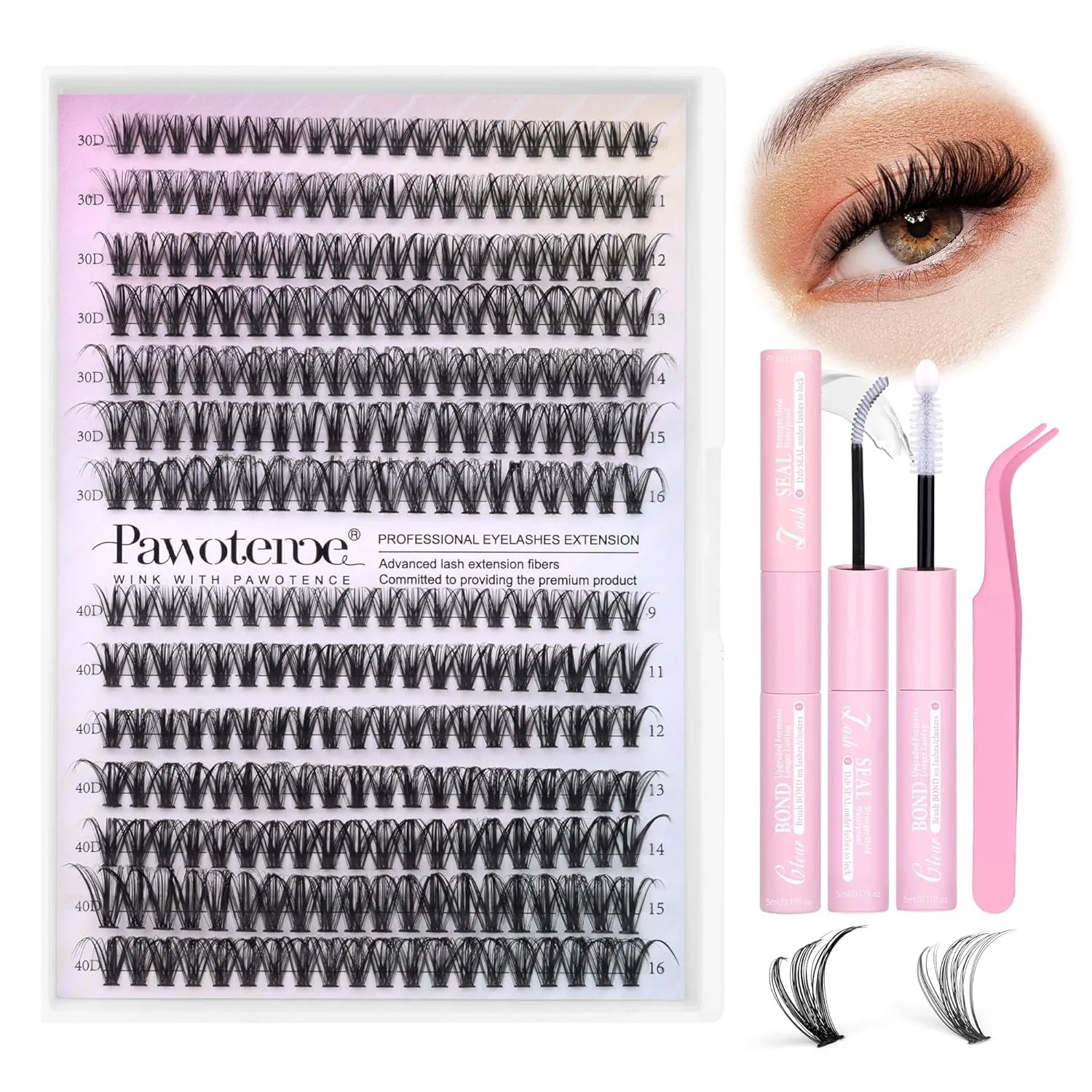 Lash Extension Kit DIY 280Pcs Lash Clusters Eyelash Extension Kit, 9-16Mm 30D 40D Individual Lashes Kit with Lash Bond and Seal, Lash Tweezers for Self Use (30D&40D, 0.07D, 9-16Mm, Kit)