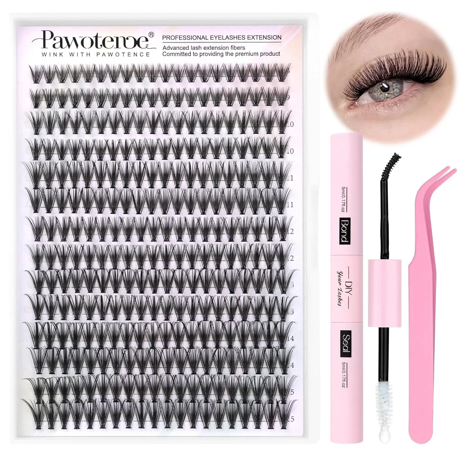 Lash Extension Kit DIY 280Pcs Lash Clusters Eyelash Extension Kit, 9-16Mm 30D 40D Individual Lashes Kit with Lash Bond and Seal, Lash Tweezers for Self Use (30D&40D, 0.07D, 9-16Mm, Kit)