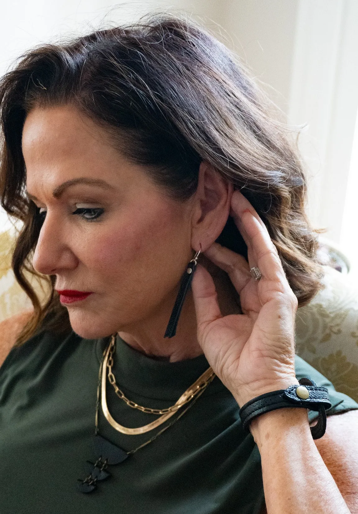 Leather Rivet Tab Earrings / Whiskey