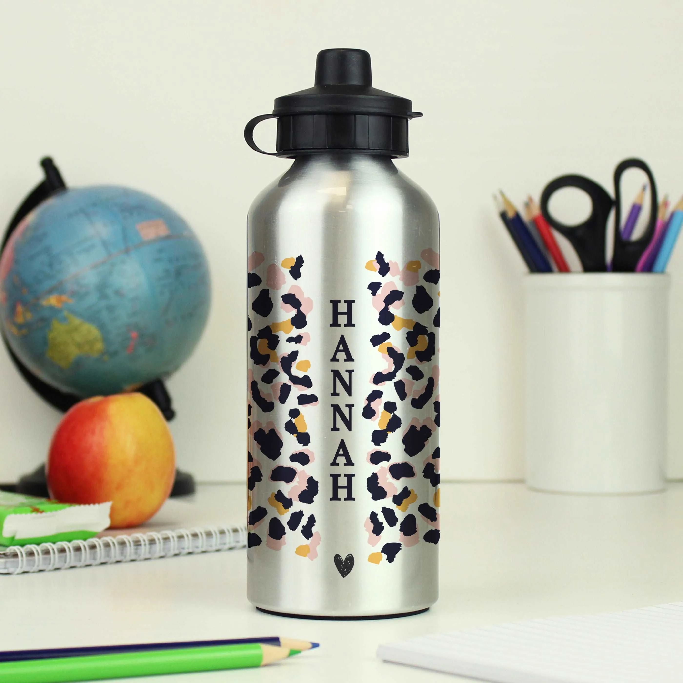 Leopard Print Silver Drinks Bottle Personalised