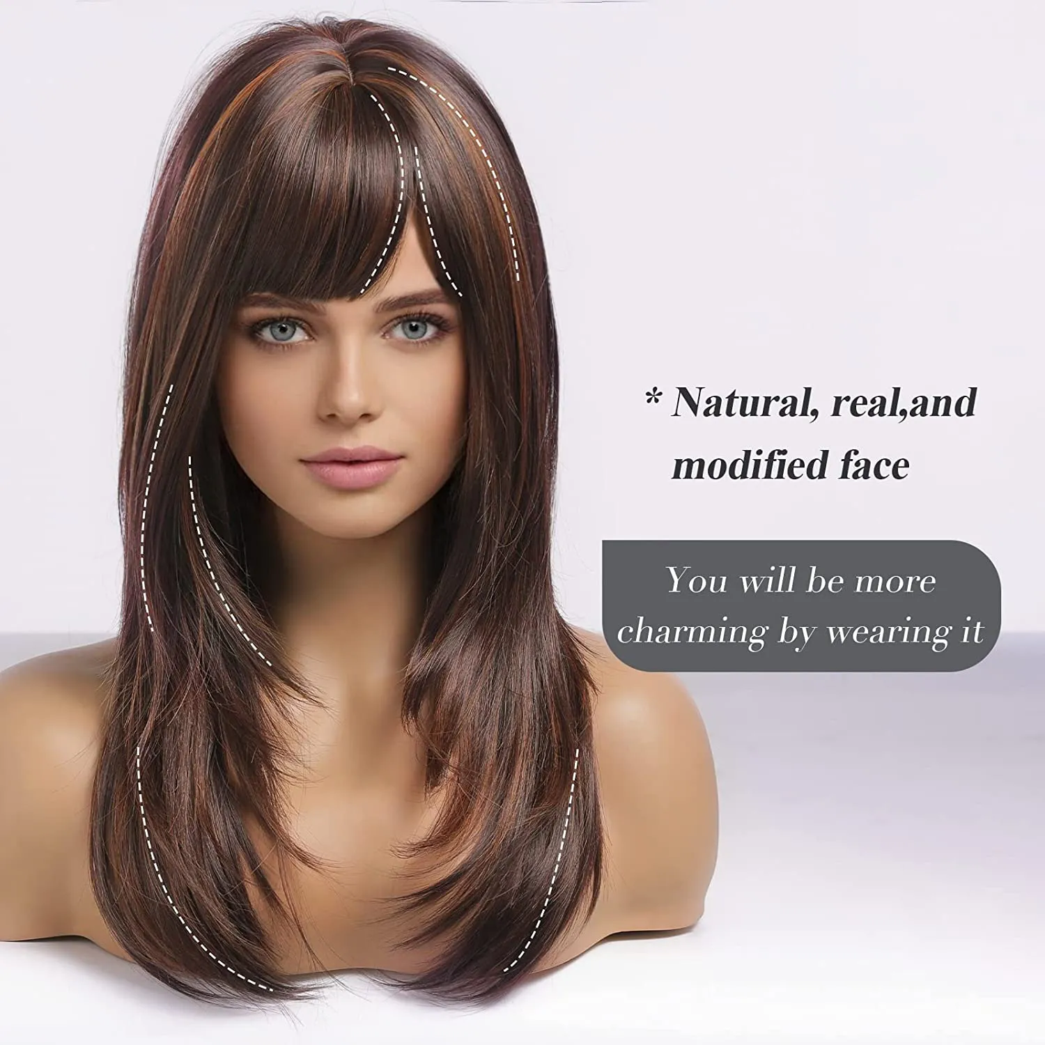 Long Straight Brown Highlight Wig with Bangs