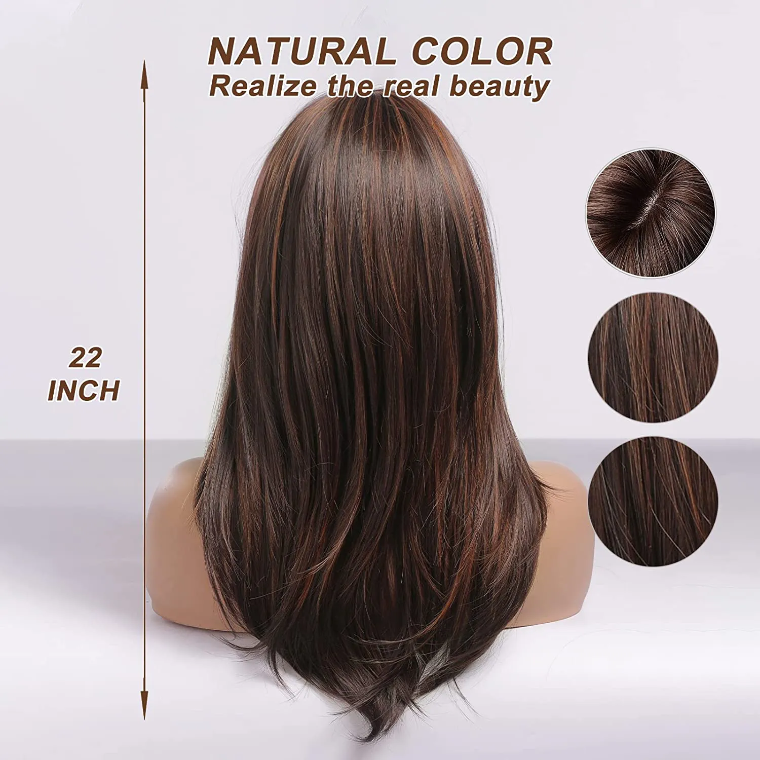 Long Straight Brown Highlight Wig with Bangs