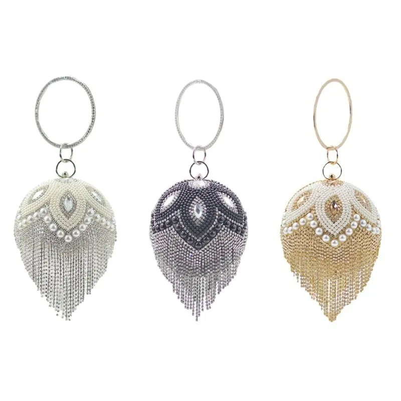 Luxurious Round Ball Shape Evening Bag Women Glittering Rhinestones Pearl Handbag Elegant Wedding Prom Party Clutch Shoulder Bag