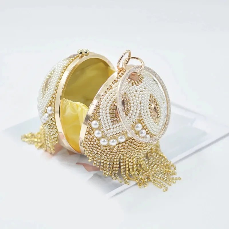 Luxurious Round Ball Shape Evening Bag Women Glittering Rhinestones Pearl Handbag Elegant Wedding Prom Party Clutch Shoulder Bag