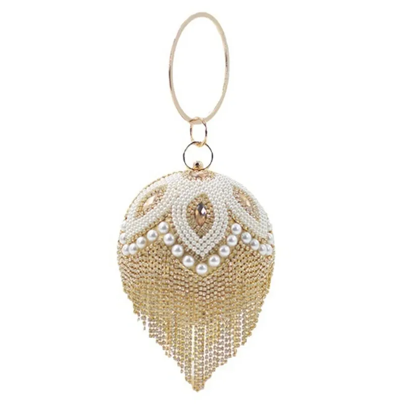 Luxurious Round Ball Shape Evening Bag Women Glittering Rhinestones Pearl Handbag Elegant Wedding Prom Party Clutch Shoulder Bag