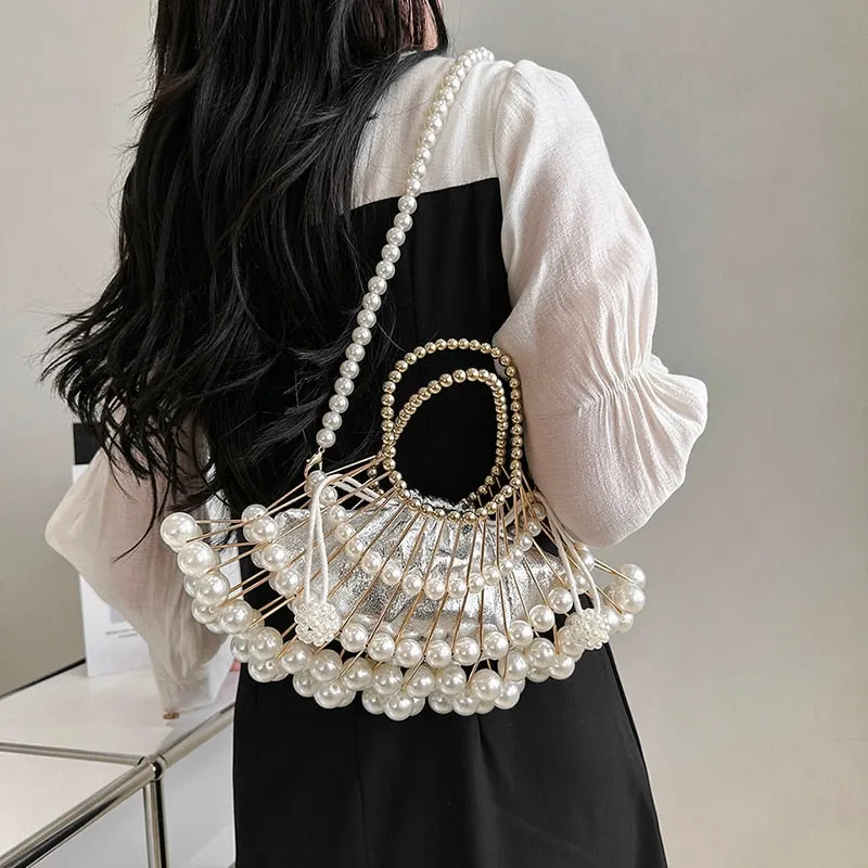 Luxury Silver Pearl Evening Clutch Bag