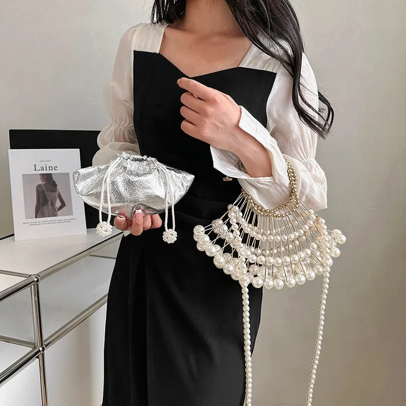 Luxury Silver Pearl Evening Clutch Bag