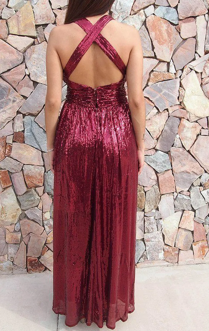 MACloth Deep V neck Sequin Long Prom Dress Burgundy Formal Evening Gown