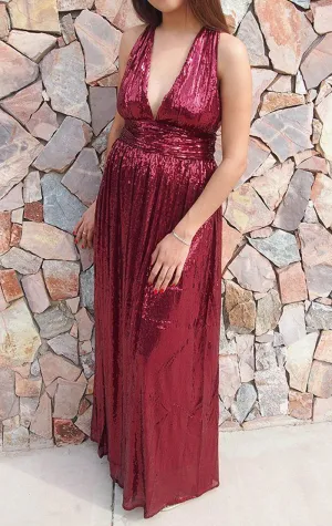 MACloth Deep V neck Sequin Long Prom Dress Burgundy Formal Evening Gown