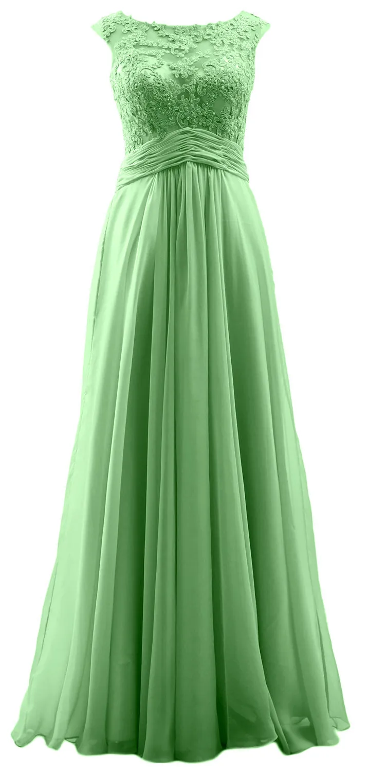 MACloth Elegant Cap Sleeves Long Prom Dress Lace Chiffon Formal Evening Gown