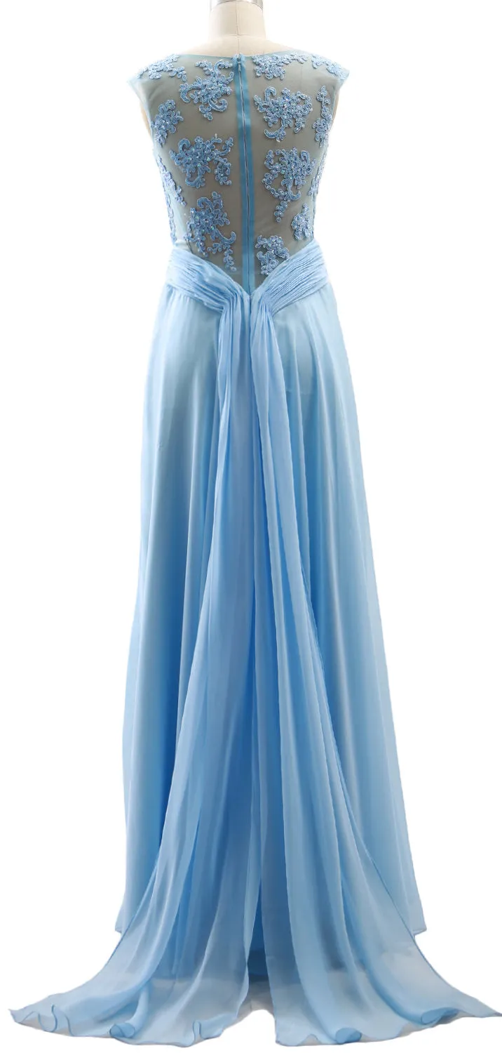 MACloth Elegant Cap Sleeves Long Prom Dress Lace Chiffon Formal Evening Gown