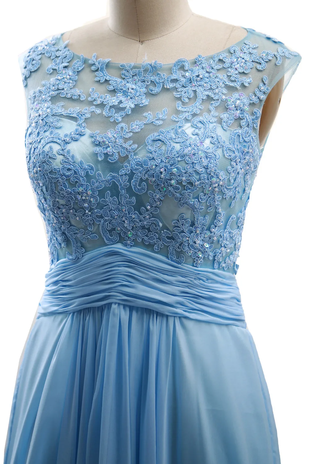 MACloth Elegant Cap Sleeves Long Prom Dress Lace Chiffon Formal Evening Gown