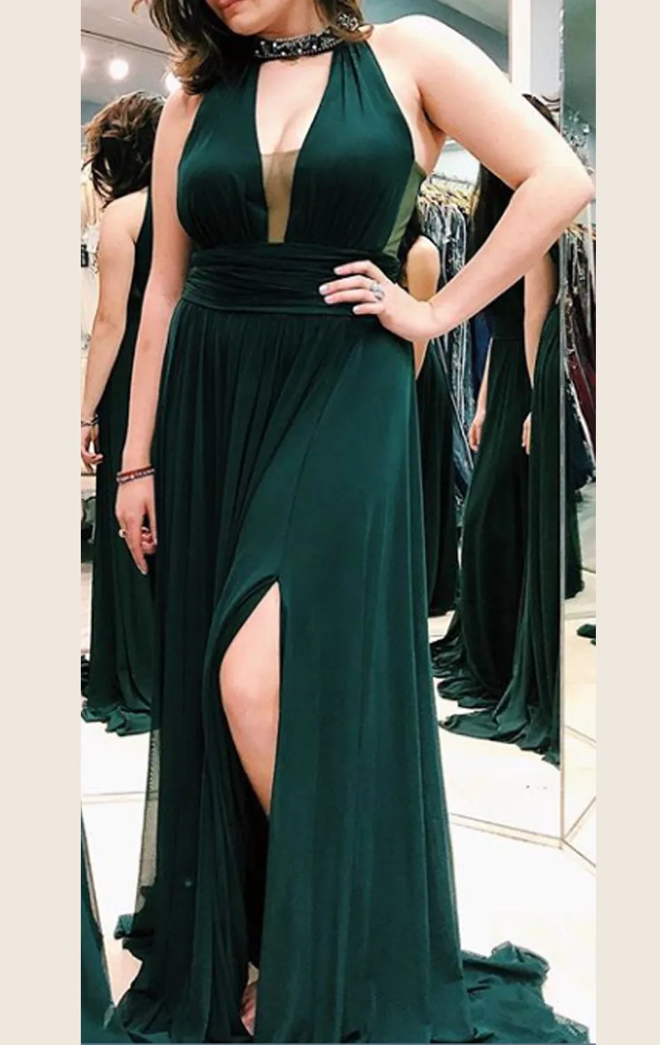 MACloth Haler Deep V Neck Jersey Long Prom Dress Dark Navy Formal Evening Gown