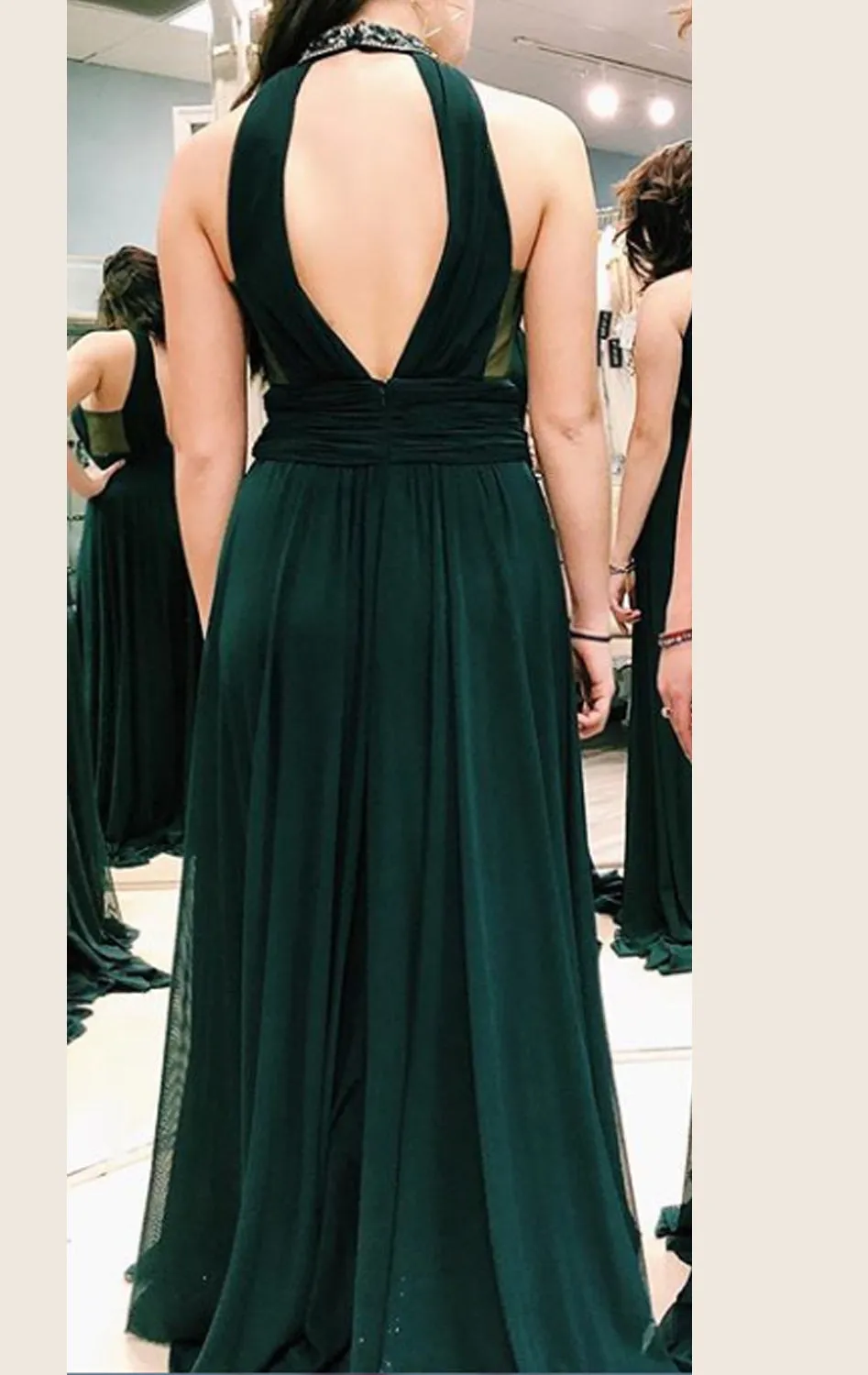 MACloth Haler Deep V Neck Jersey Long Prom Dress Dark Navy Formal Evening Gown