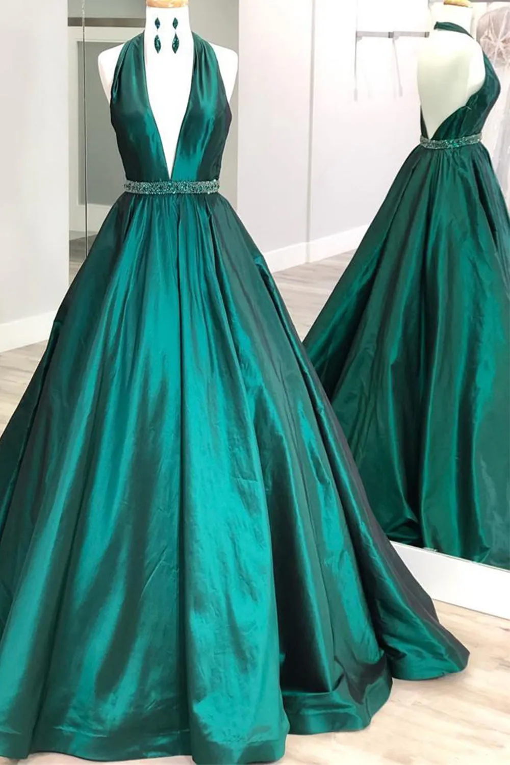 MACloth Halter V Neck Satin Long Prom Dress Dark Green Formal Evening Gown