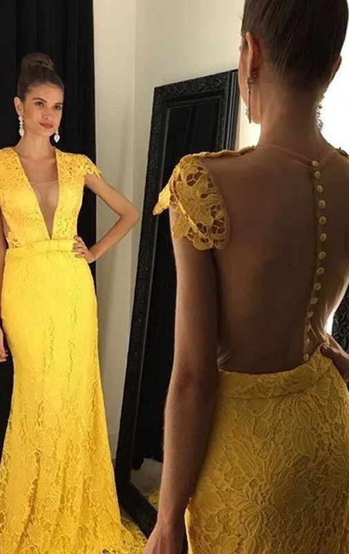 MACloth Mermaid Cap Sleeves Lace Long Prom Dress Formal Gown