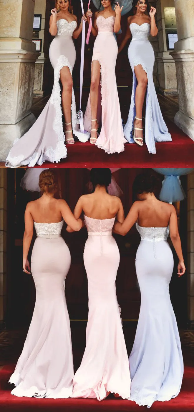 MACloth Mermaid Long Bridesmaid Dress with Slit Strapless Jersey Prom Gown