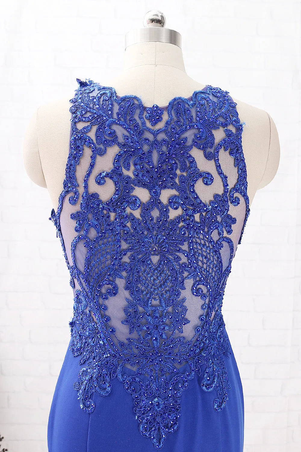 MACloth Mermaid O Neck Jersey Maxi Prom Dress Royal Blue Formal Evening Gown