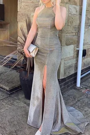 MACloth Mermaid O Neck Prom Dress with Slit Mocha Silver Formal Evening Gown