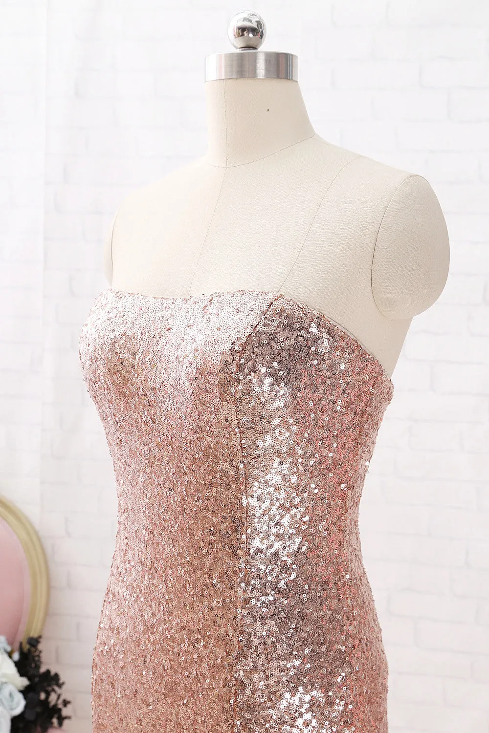 MACloth Mermaid Strapless Sequin Maxi Prom Dress Rose Gold Formal Evening Gown