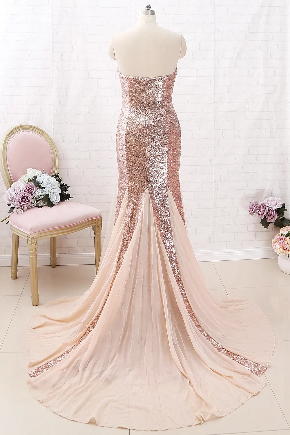 MACloth Mermaid Strapless Sequin Maxi Prom Dress Rose Gold Formal Evening Gown