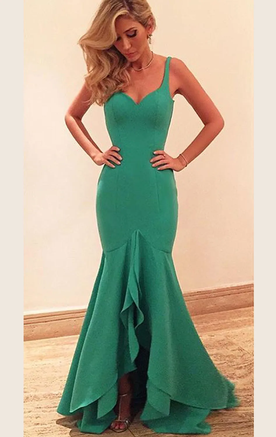 MACloth Mermaid Straps Sweetheart Jersey Long Prom Dress Green Formal Gown