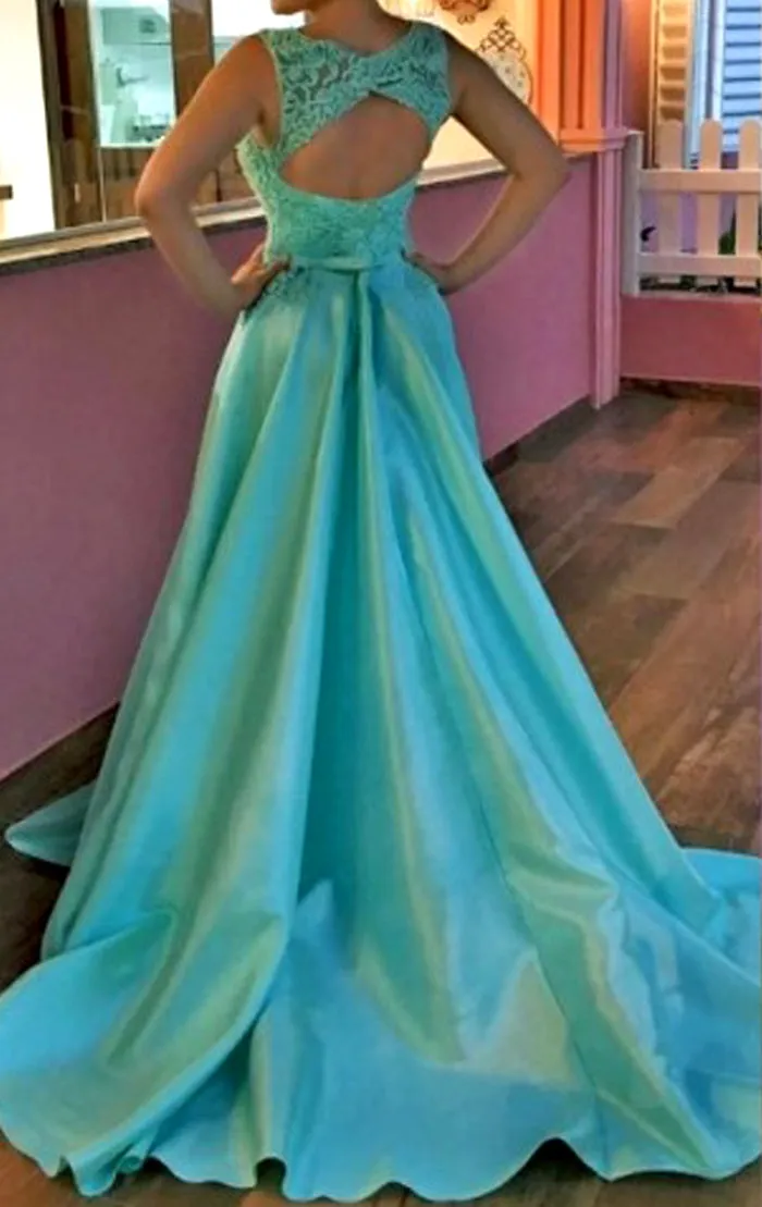 MACloth O Neck Lace Taffeta Long Prom Dress Blur Formal Evening Gown