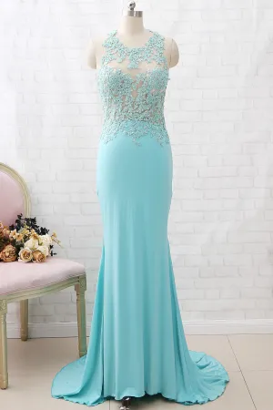 MACloth Sheath O Neck Lace Jersey Aqua Long Prom Dress Formal Evening Gown