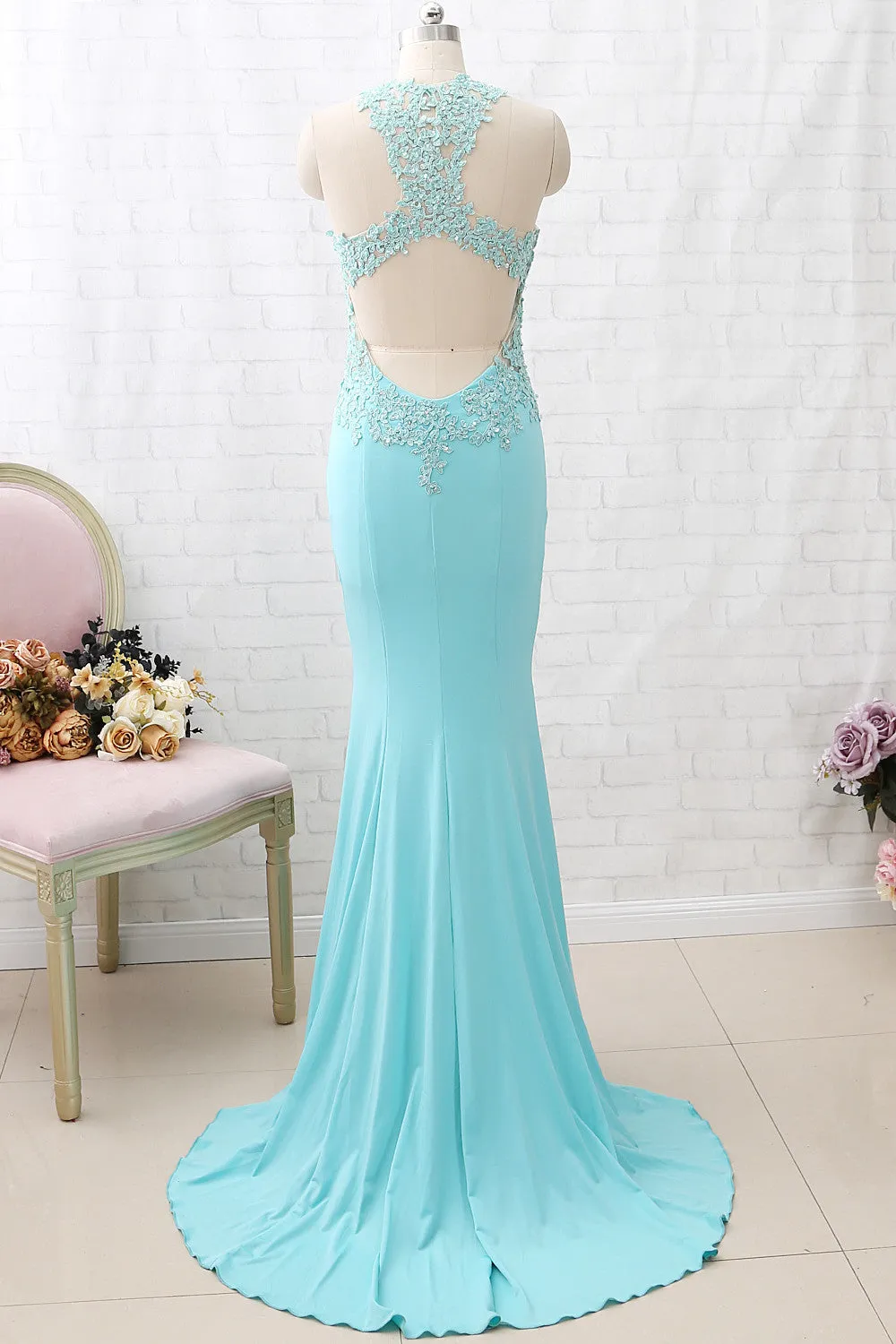 MACloth Sheath O Neck Lace Jersey Aqua Long Prom Dress Formal Evening Gown