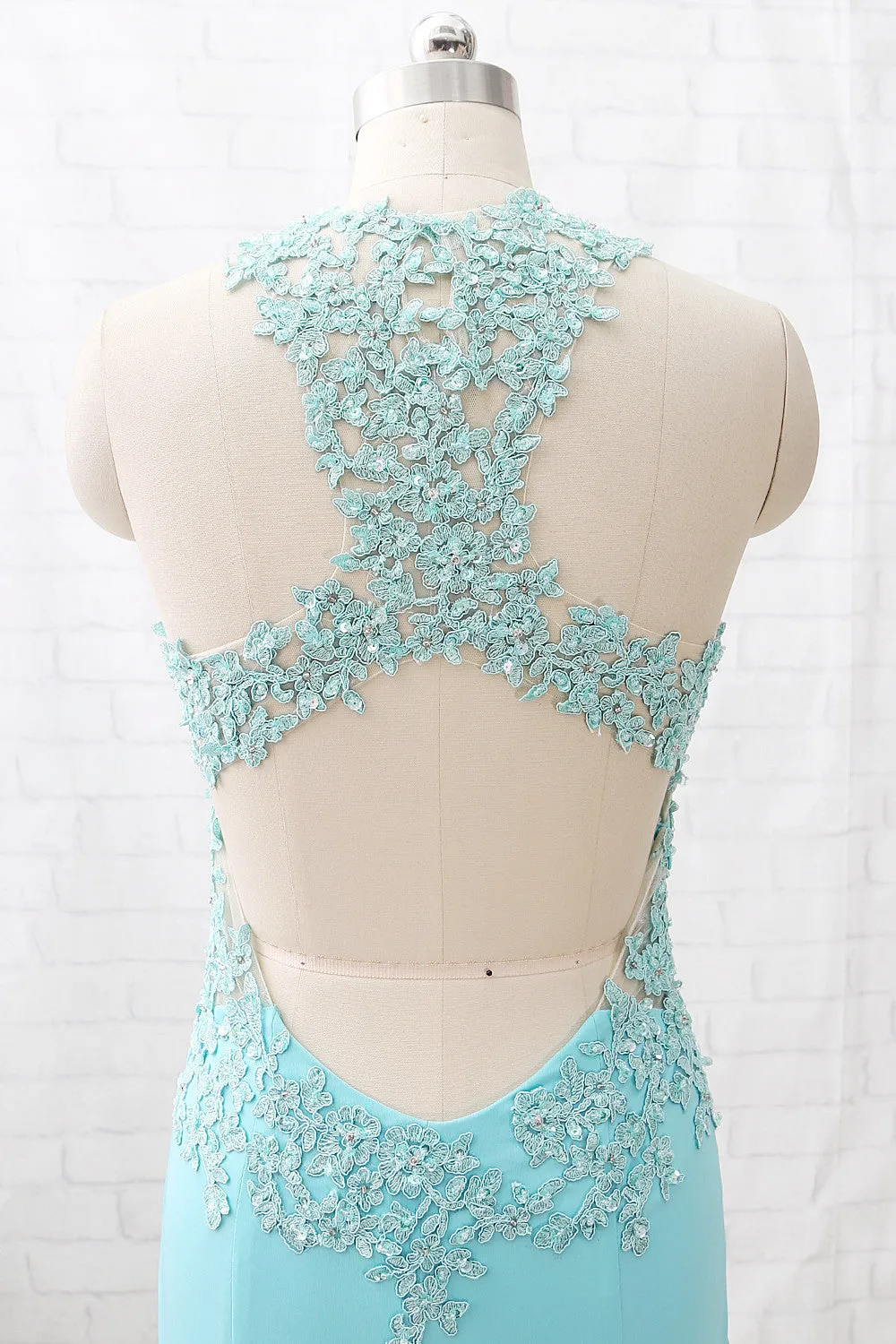MACloth Sheath O Neck Lace Jersey Aqua Long Prom Dress Formal Evening Gown