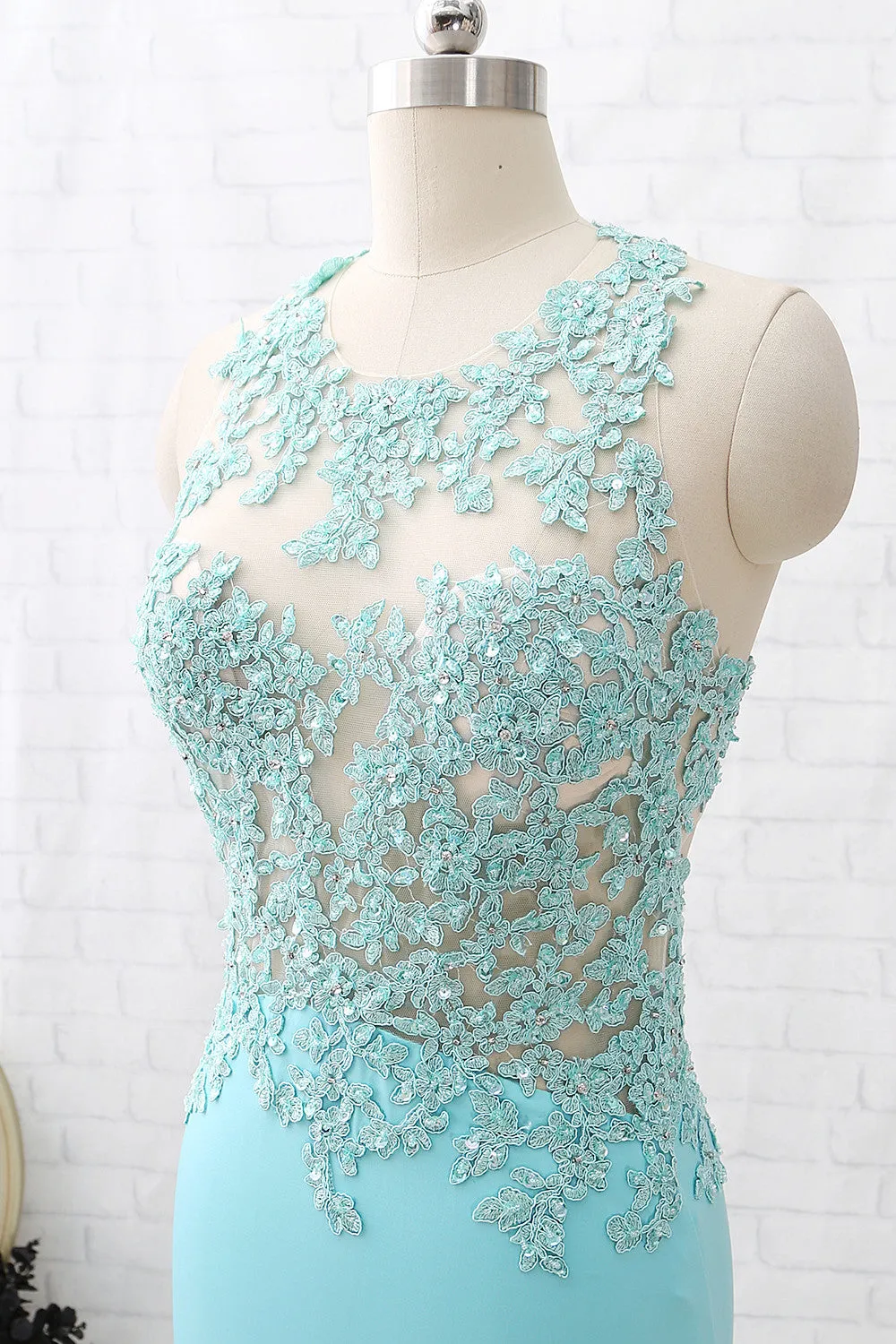 MACloth Sheath O Neck Lace Jersey Aqua Long Prom Dress Formal Evening Gown