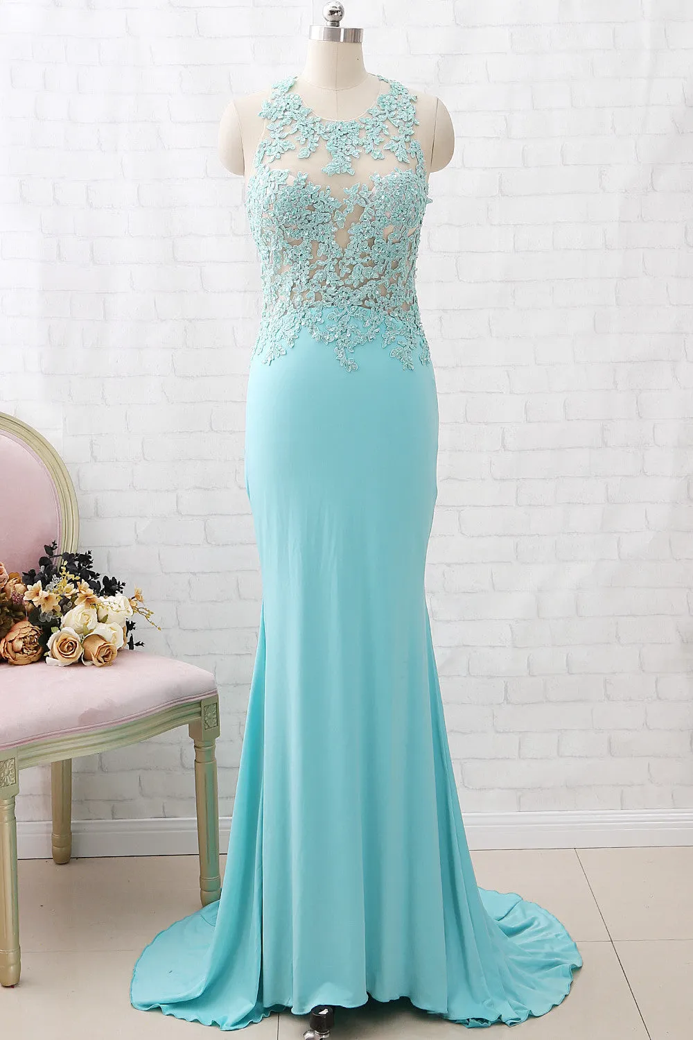 MACloth Sheath O Neck Lace Jersey Aqua Long Prom Dress Formal Evening Gown