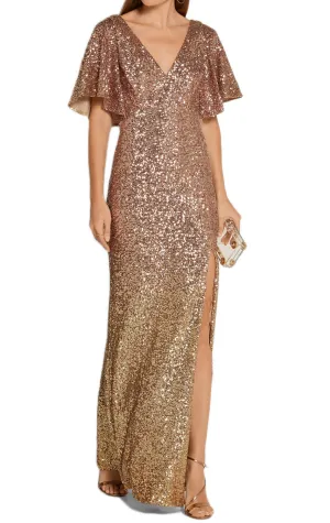 MACloth Short Sleeves V Neck Sequin Gold Evening Gown with Slit