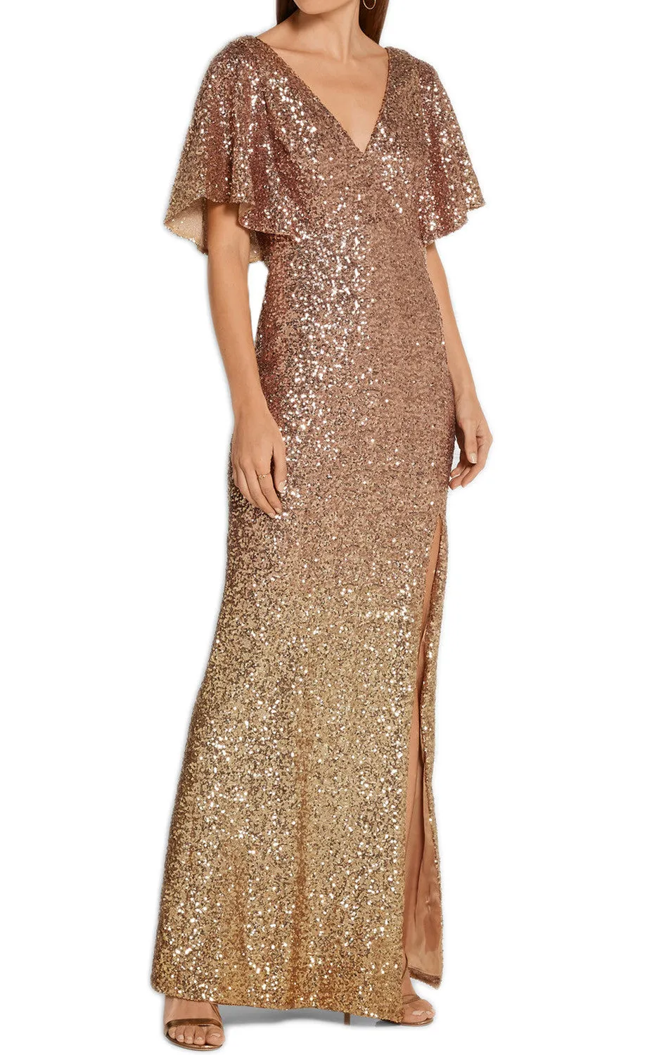 MACloth Short Sleeves V Neck Sequin Gold Evening Gown with Slit