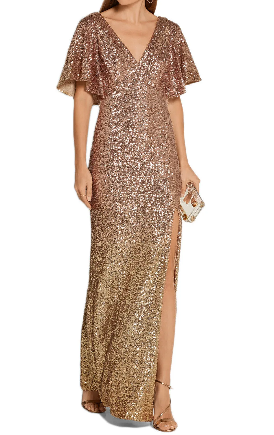 MACloth Short Sleeves V Neck Sequin Gold Evening Gown with Slit