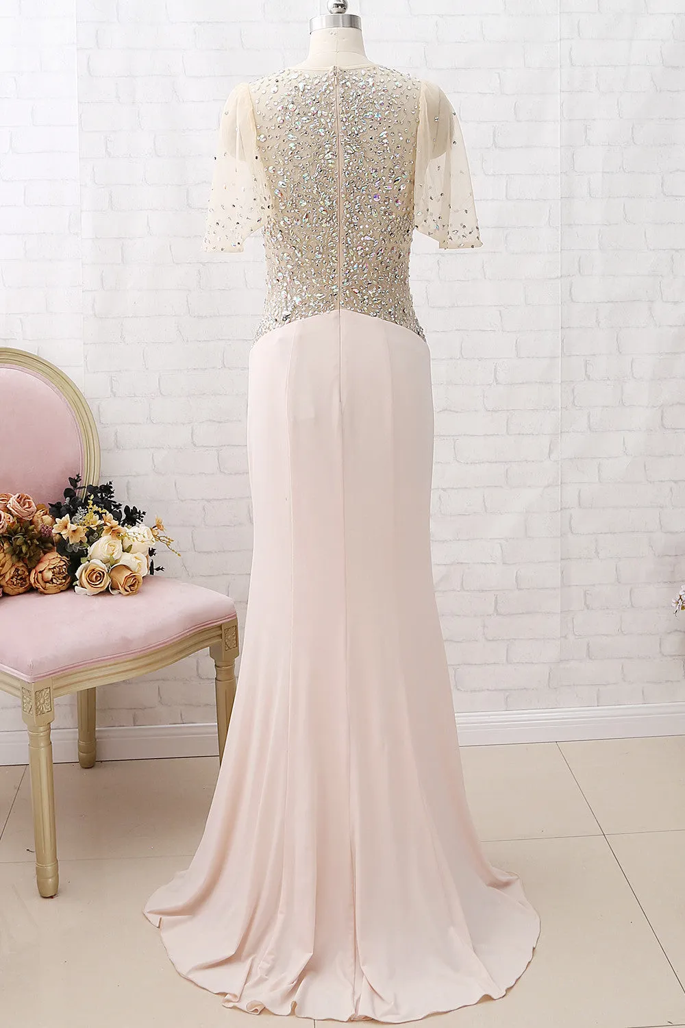 MACloth Short Sleeves with Crystals Sheath Long Prom Dress Jersey Formal Evening Gown