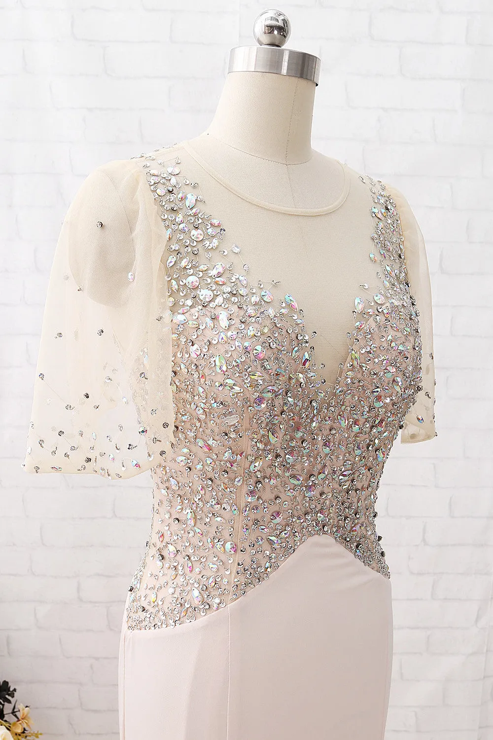 MACloth Short Sleeves with Crystals Sheath Long Prom Dress Jersey Formal Evening Gown