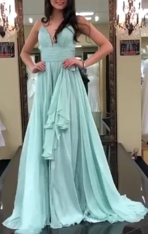 MACloth Spaghetti Straps V Neck Chiffon Long Prom Dress Mint Formal Evening Gown