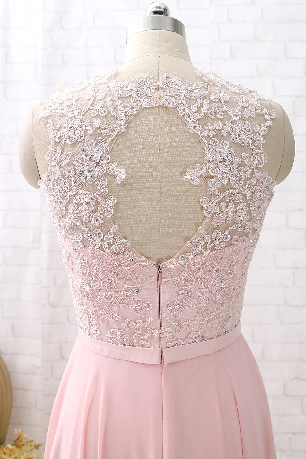 MACloth Straps O Neck Lace Chiffon Long Bridesmaid Dress Pink Formal Party Dress