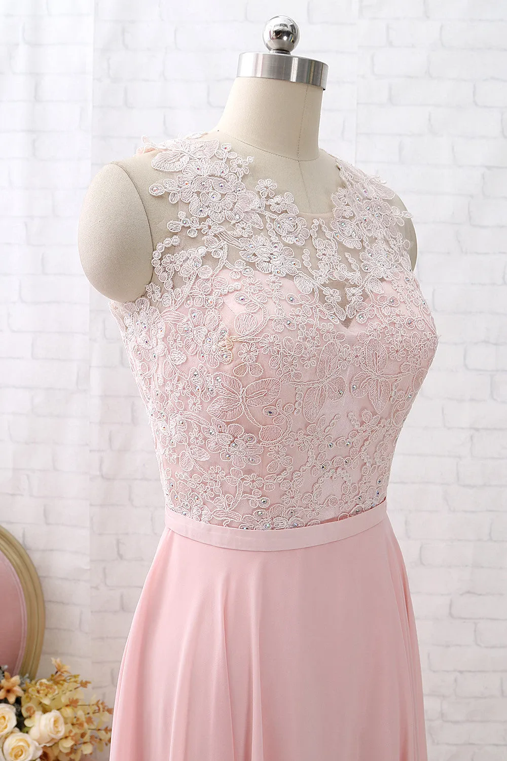 MACloth Straps O Neck Lace Chiffon Long Bridesmaid Dress Pink Formal Party Dress