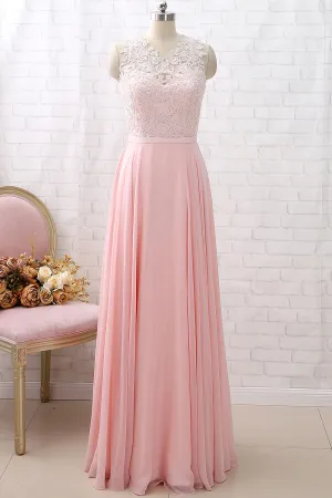 MACloth Straps O Neck Lace Chiffon Long Bridesmaid Dress Pink Formal Party Dress