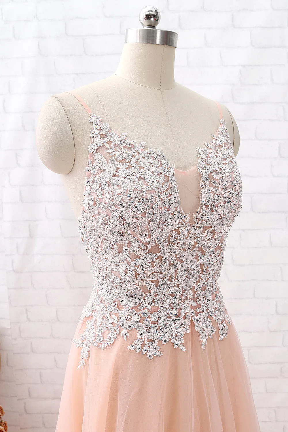 MACloth Straps V Neck Lace Tulle Blush Pink Prom Dress Formal Evening Gown